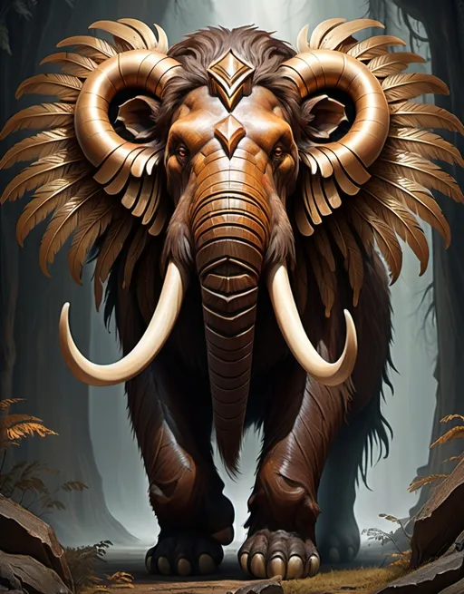 Prompt: (mythical creature) a powerful mammoth with prominent tusks and an elongated trunk, adorned with a majestic lion's mane, magnificent eagle wings extending gracefully, detailed textures, dramatic lighting, intense atmospheric shadows, (awe-inspiring and surreal), rich color tones of deep browns and golden hues, intricate feathers visible on the wings, otherworldly background blending fantastical elements, ultra-detailed, 4K quality.