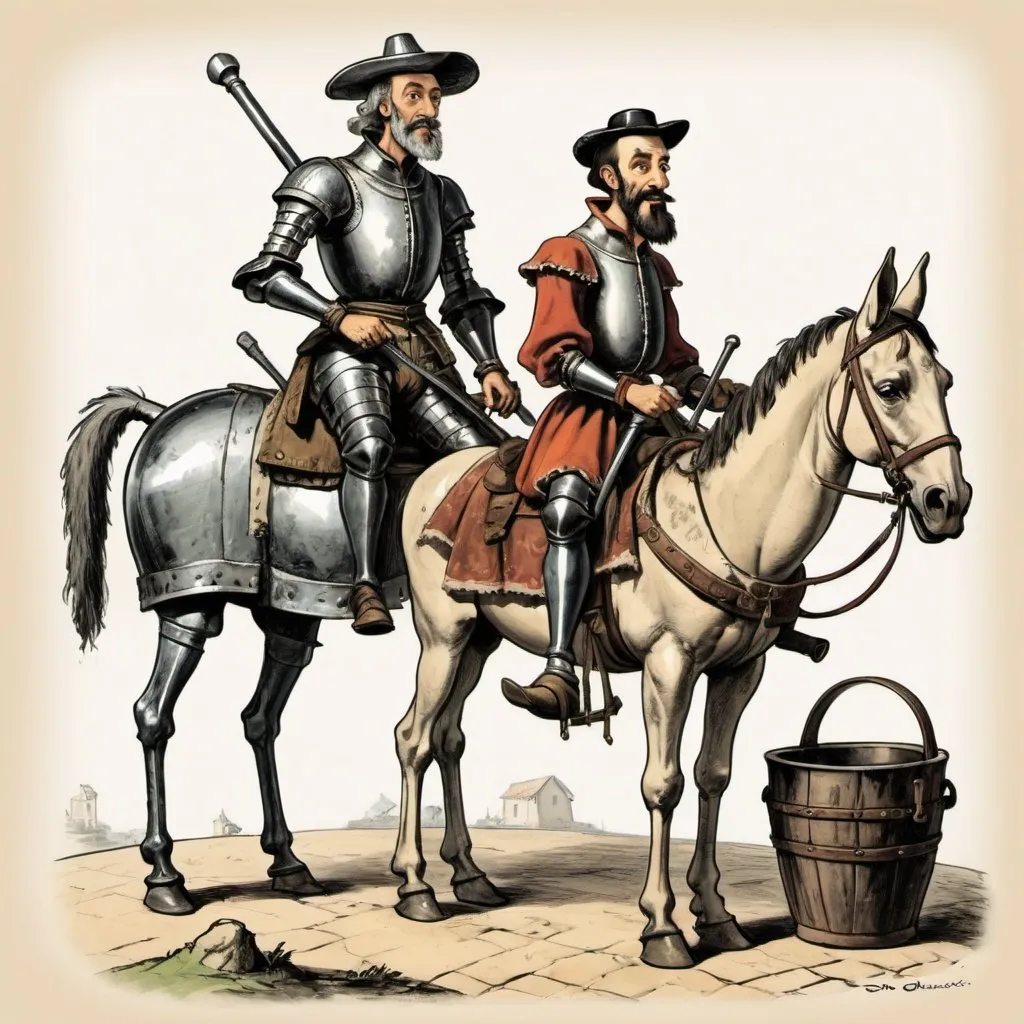 Prompt: Cartoon drawing of Don Quixote and Sancho Panza.  Sancho shorter and considerably fatter than Don Quixote, wearing period clothing and mounted on a donkey. Don Quixote appearing aged and a little haggard, wearing armor with a barber's basin for a helmet and mounted on a horse.
