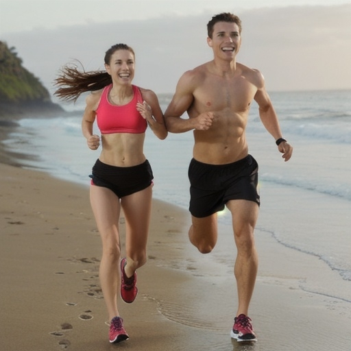 Prompt: athletic couple running on the beach
