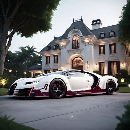 Prompt: 3 black, white and maroon Bugatti Chiron and a Lamborghini Veneno parking next to each other in the massive yard of a massive and luxurious, opulent and modern Canadian mansion, the mansion is painted with dark green color.