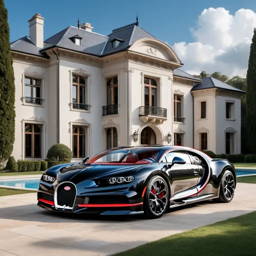 Prompt: 3 black mix with red, white Bugatti Chiron Super Sport 300+ parking next to each other in the massive yard of a massive and luxurious, opulent and modern American mansion, the mansion is extremely massive, really spacious and inviting.