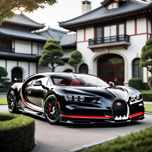 Prompt: 3 black mix with red, white Bugatti Chiron Super Sport 300+ parking next to each other in the massive yard of a massive and luxurious, opulent and modern Japanese mansion, the mansion is extremely massive, really spacious and inviting.