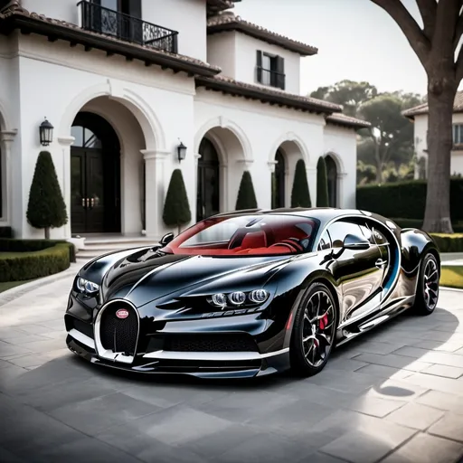 Prompt: 3 black mix with red, white Bugatti Chiron Super Sport 300+ parking next to each other in the massive yard of a massive and luxurious, opulent and modern mansion, the mansion is extremely massive, really spacious and inviting.