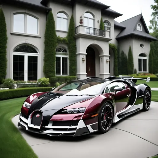 Prompt: (Luxurious Cars) three black, white, and maroon Bugatti Chirons, Lamborghini Veneno parked, (massive and modern Canadian mansion), opulent and spacious yard, inviting atmosphere, elegant architecture, lush green landscaping, sun-drenched scene, rich textures and colors, high detail, ultra-detailed, cinematic quality, serene and glamorous ambiance.