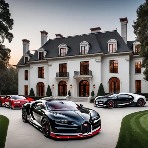 Prompt: 3 black mix with red, white Bugatti Chiron Super Sport 300+ parking next to each other in the massive yard of a massive and luxurious, opulent and modern American mansion, the mansion is extremely massive, really spacious and inviting.