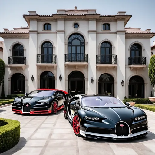 Prompt: 3 black mix with red, white Bugatti Chiron Super Sport 300+ parking next to each other in the massive yard of a massive and luxurious, opulent and modern Mexican mansion, the mansion is extremely massive, really spacious and inviting.