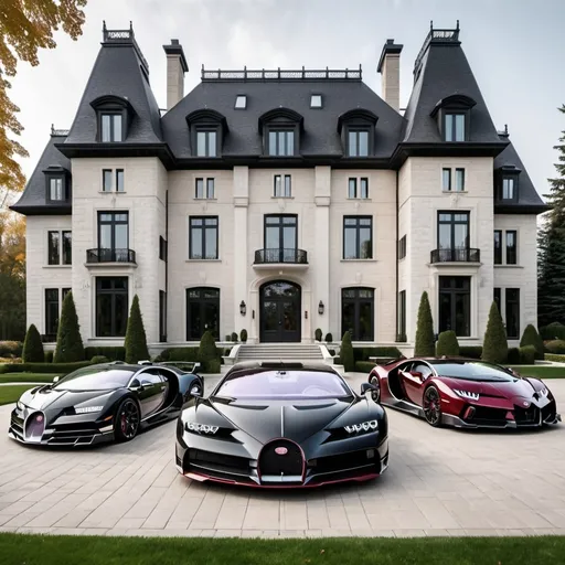 Prompt: 3 black, white and maroon Bugatti Chiron and a Lamborghini Veneno parking next to each other in the massive yard of a massive and luxurious, opulent and modern Canadian mansion, the mansion is extremely massive, really spacious and inviting.