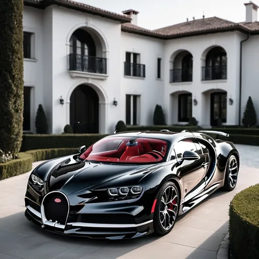 Prompt: 3 black mix with red, white Bugatti Chiron Super Sport 300+ parking next to each other in the massive yard of a massive and luxurious, opulent and modern mansion, the mansion is extremely massive, really spacious and inviting.