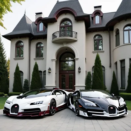 Prompt: (Luxurious Cars) three black, white, and maroon Bugatti Chirons, Lamborghini Veneno parked, (massive and modern Canadian mansion), opulent and spacious yard, inviting atmosphere, elegant architecture, lush green landscaping, sun-drenched scene, rich textures and colors, high detail, ultra-detailed, cinematic quality, serene and glamorous ambiance.