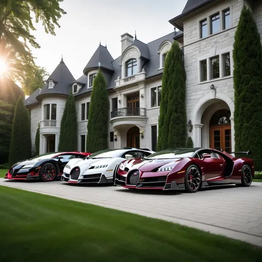 Prompt: 3 black, white and maroon Bugatti Chiron and a Lamborghini Veneno parking next to each other in the massive yard of a massive and luxurious, opulent and modern Canadian mansion.