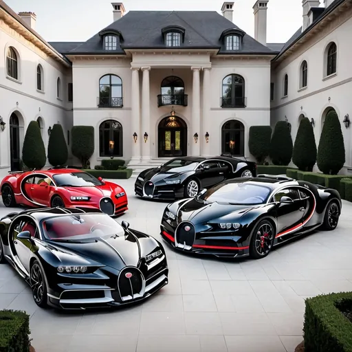 Prompt: 3 black mix with red, white Bugatti Chiron Super Sport 300+ parking next to each other in the massive yard of a massive and luxurious, opulent and modern mansion, the mansion is extremely massive, really spacious and inviting.