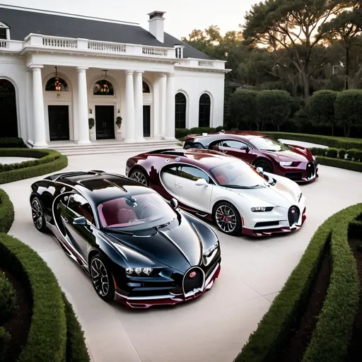 Prompt: 3 black, white and maroon Bugatti Chiron Super Sport 300+ parking next to each other in the massive yard of a massive and luxurious, opulent and modern American mansion, the mansion is extremely massive, really spacious and inviting.