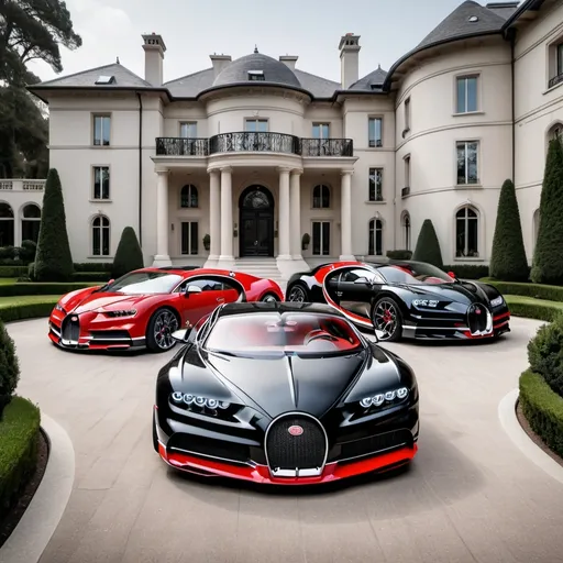 Prompt: 3 black mix with red, white Bugatti Chiron Super Sport 300+ parking next to each other in the massive yard of a massive and luxurious, opulent and modern mansion, the mansion is extremely massive, really spacious and inviting.