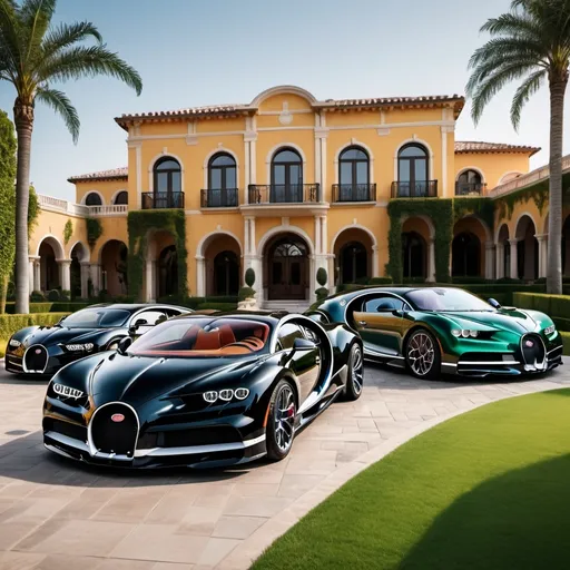 Prompt: 3 black mix with red, white Bugatti Chiron Super Sport 300+ parking next to each other in the massive yard of a massive and luxurious, opulent and modern Mexican mansion, the mansion is extremely massive, really spacious and inviting.