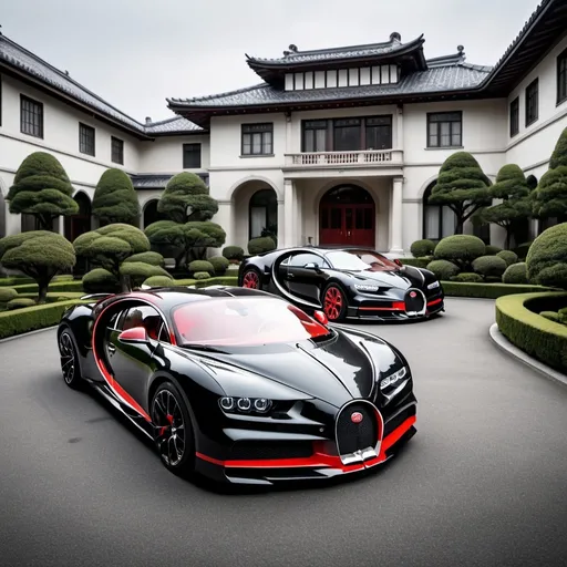 Prompt: 3 black mix with red, white Bugatti Chiron Super Sport 300+ parking next to each other in the massive yard of a massive and luxurious, opulent and modern Japanese mansion, the mansion is extremely massive, really spacious and inviting.