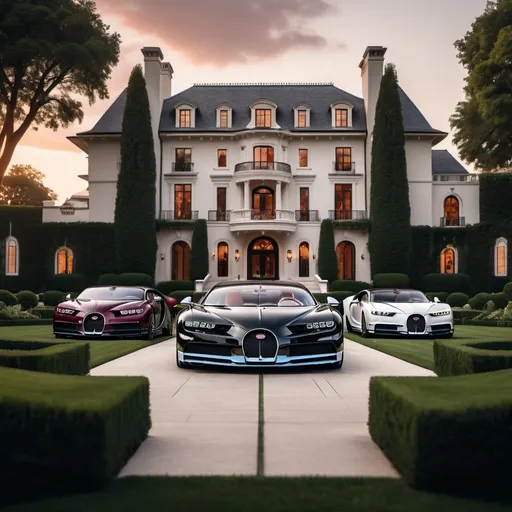 Prompt: 3 black, white and maroon Bugatti Chiron Super Sport 300+ parking next to each other in the massive yard of a massive and luxurious, opulent and modern American mansion, the mansion is extremely massive, really spacious and inviting.