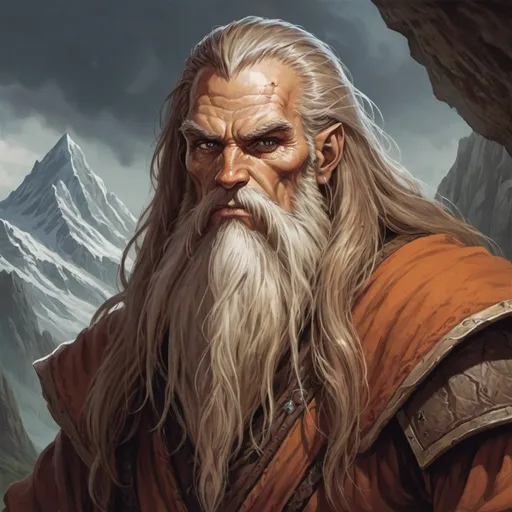 Prompt: A dungeons and Dragons portrait on the Dragonlance world of Krynn. The image is of a mountain giant who has very long hair and a very long beard. His robes should appear as a combination of rustic and refined.