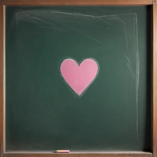 Prompt: A worn, dark green school blackboard fills the entire frame, its surface scratched and faded, with a subtle wood grain texture visible beneath the chalky residue. In the exact center of the blackboard, a delicate, imperfect heart shape is carefully drawn with bright pink chalk, the lines slightly smudged and rough around the edges, giving the impression of a gentle, hesitant gesture. The chalk marks are bold and vibrant, standing out against the dull, matte finish of the blackboard, with tiny chalk crumbs scattered around the heart's edges. The corners of the blackboard are slightly worn and chipped, with minor cracks spreading outward from the edges, giving the impression of years of use and erosion. The overall mood is nostalgic and playful, evoking memories of childhood classrooms and innocence.