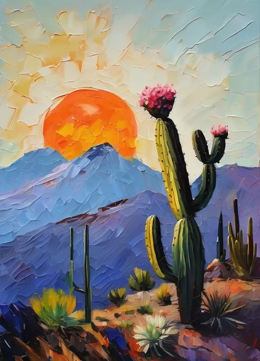 Prompt: A cactus tree with small flowers on it in the foreground and a moon above the mountain in the background, impressionistic painting with large palette-knife