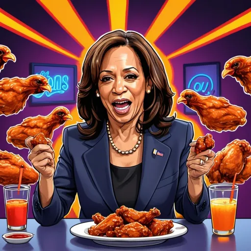 Prompt: A cartoon illustration of Kamala Harris eating chicken wings on the show "Hot Ones".