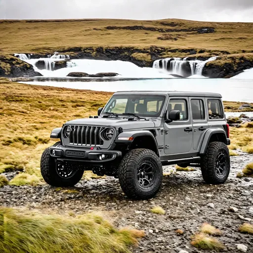 Prompt: a 2022 jeep wrangler on 40 inch tires offroading in iceland