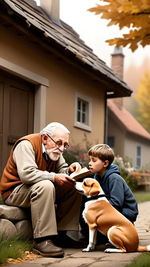 Prompt: Image of a cozy village setting with a grandfather telling a story to a young boy and a small dog. The grandfather is seated, holding an old book, while the boy and dog listen attentively.