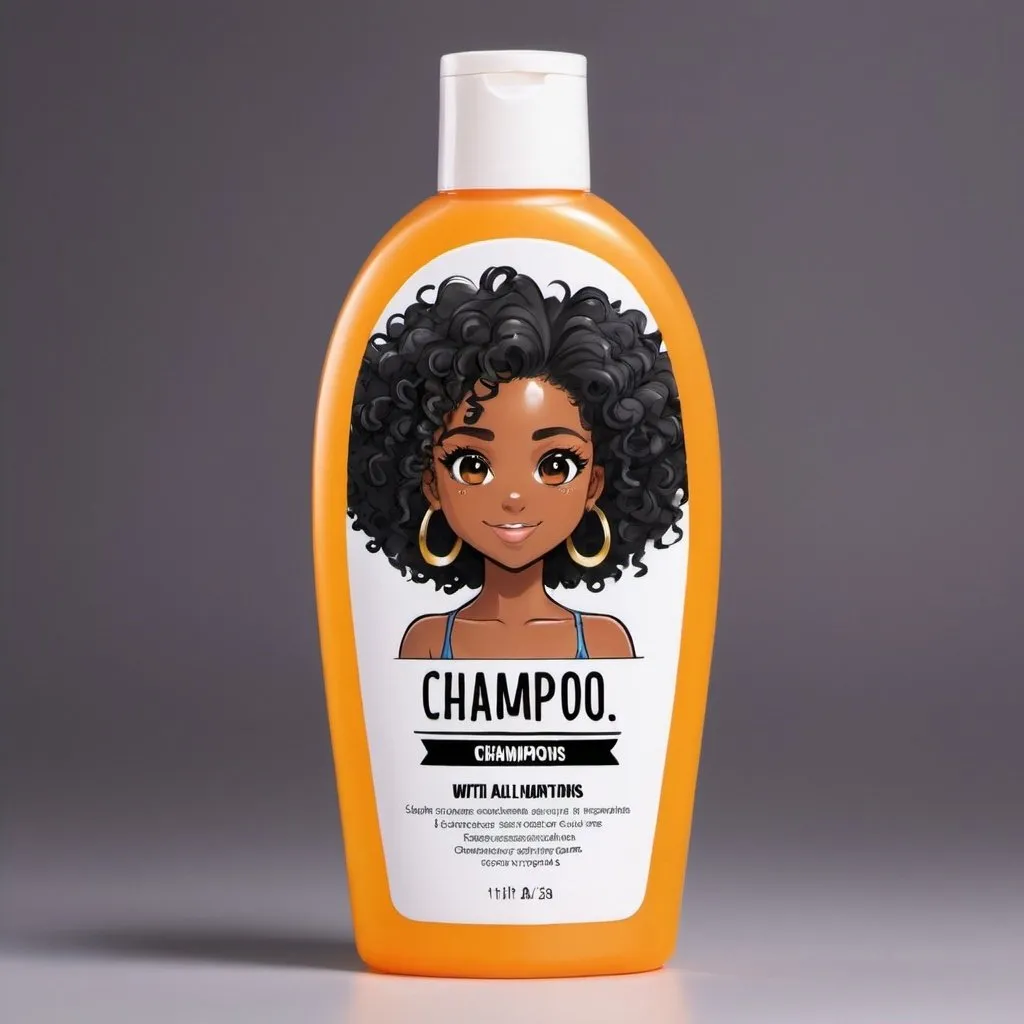 Prompt: Shampoo bottle with a cartoon black girl anime style with curly hair on the cover. The shampoo bottle name is Champoo. 
The slogan is:  With champoo, we are all champions.