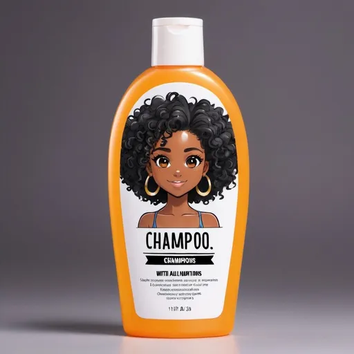 Prompt: Shampoo bottle with a cartoon black girl anime style with curly hair on the cover. The shampoo bottle name is Champoo. 
The slogan is:  With champoo, we are all champions.