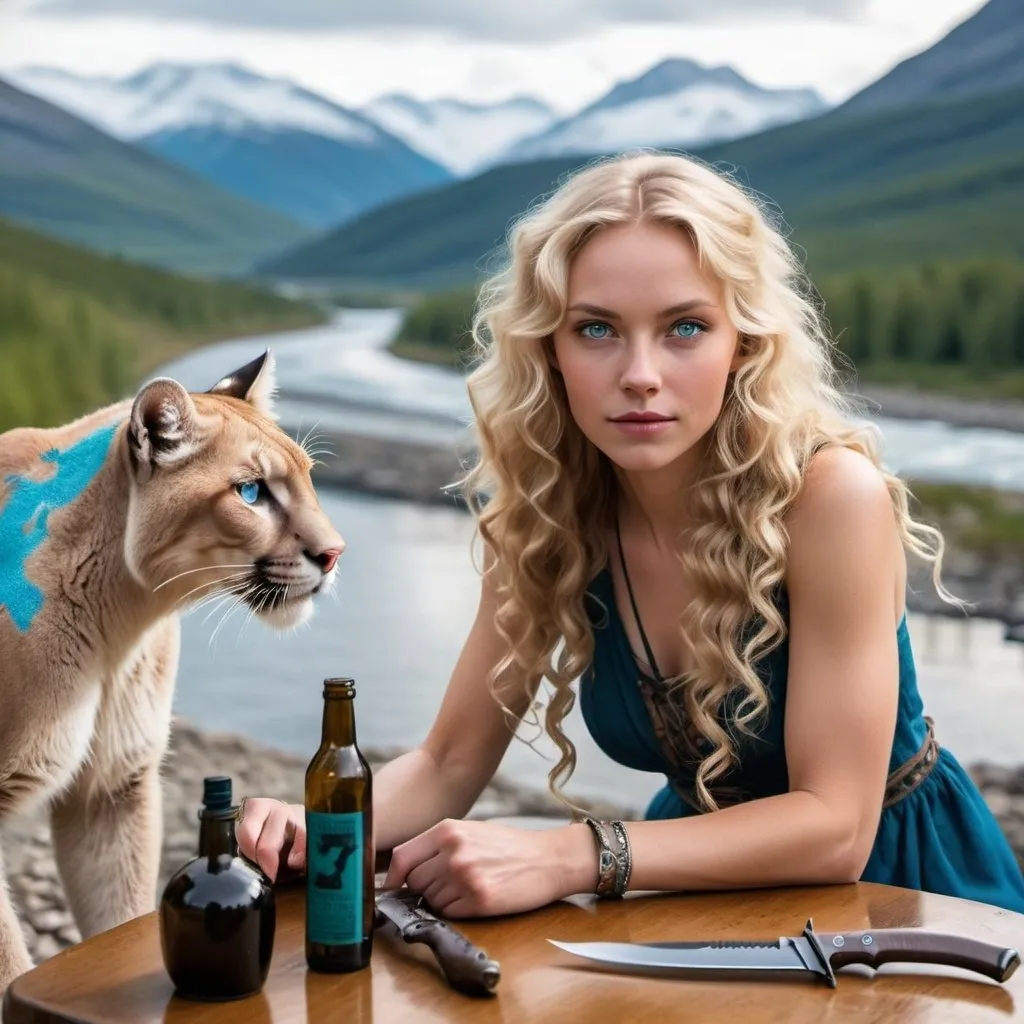 Prompt: Wild blonde long curls, blue eyed, pretty scandinavian woman overlooking a mountain view with river, petting a cougar. homemade bottles, knives, crossbows, drones flying, weapons on table. 