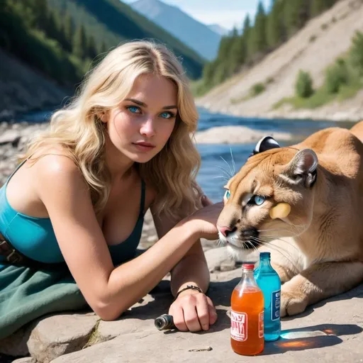 Prompt: Blonde blue eyed pretty woman laying petting puma, mountain view with river, homemade soda bottles and weapons