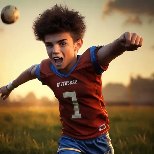 Prompt: Young boy with spikey hair with muscles and curly hair tall height playing football at evening meadow, vibrant sunset lighting, realistic 3D rendering, detailed facial features, grassy field, football player, vibrant sunset lighting, joyful expression, dynamic pose, high-resolution, realistic, meadow, football, spike hair, evening, detailed face, 3D rendering, vibrant sunset, dynamic, joyful