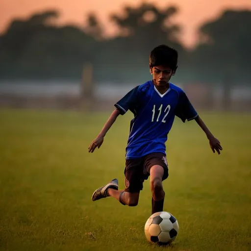Prompt: a young boy of 12 years with spike hair from assam playing football in the evening time at meadow