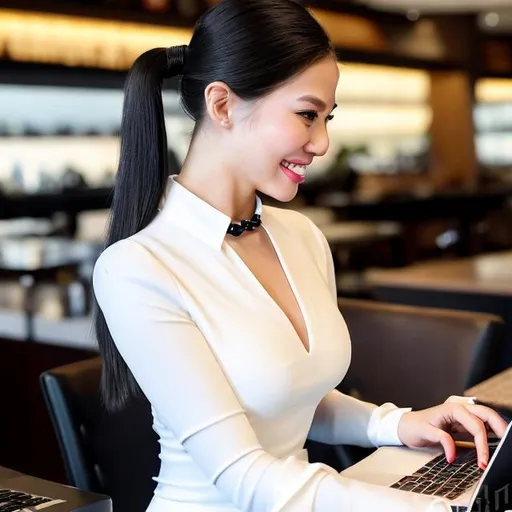 Prompt: young millineal conservative whitebuisnesswoman in her 30s with long hair tied in sleek claw clip ponytail with white tight formal business dress with black skirt and high heels working in her macbook at starbucks table with a smile and attractive look and fair white skin and has curvy bodies show side view