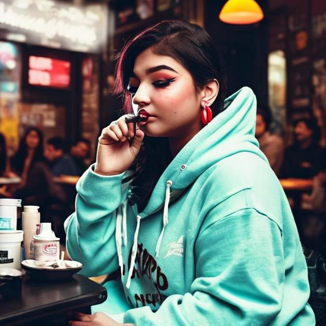 Prompt: create liberal e girl with short blue hair tied in claw clip smoking ciggerate in a cafe where she is chubby white skinned fat and dressed of baddy hoodie is full of makeup and wears nose ring and 5 earings reading online article of new york post 