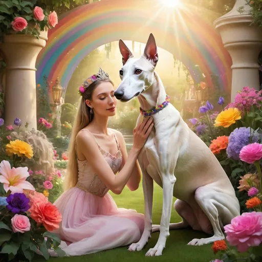 Prompt: Princess Julie with a galgo dog Luz, princess, flowers, unicorn, rainbow