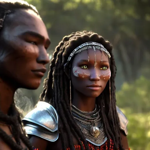 Prompt: Eye contact of 20-year-old black warrior woman with long hair, in Maasai dress, falling in love with 25-year-old short-haired black warrior man, wearing armor
White smoke, lightning, sunlight
The girl's face is full of shame and modesty and a beautiful smile
 Sharp shaven face, very detailed skin, detailed milky eyes, matte black skin