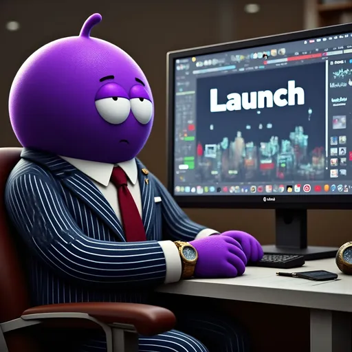 Prompt: @OJCls12vGngluHo6ojC7in a cartoon style has a confident look and demeanor and more casual clothing than his normal outfit standing in front of a desk with his hands about to type on a keyboard in front of a large monitor …on the Monitor the words Launch $MBER are on the screen as he ponders whether to press the button 
