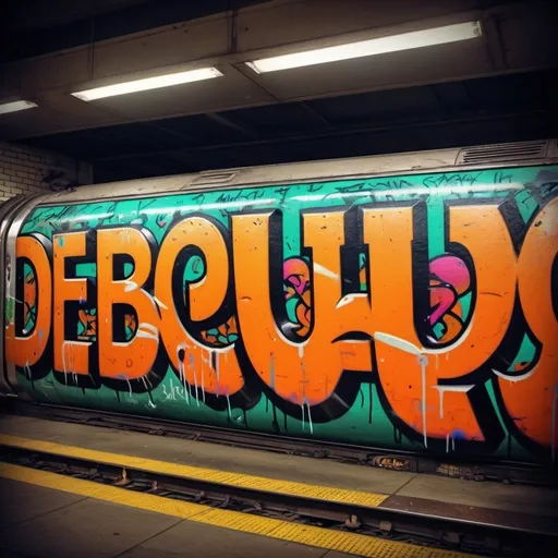 Prompt: Gritty subway graffiti art with "Debo!" in vibrant colors, spray paint on metal, urban street style, retro 90s vibe, bold lettering, gritty texture, urban decay feel, vibrant neon colors, edgy and rebellious, detailed graffiti, realistic metal reflections, high energy, expressive street art, 90s graffiti, vibrant, bold lettering, vintage street style, subway graffiti, gritty texture, retro color palette