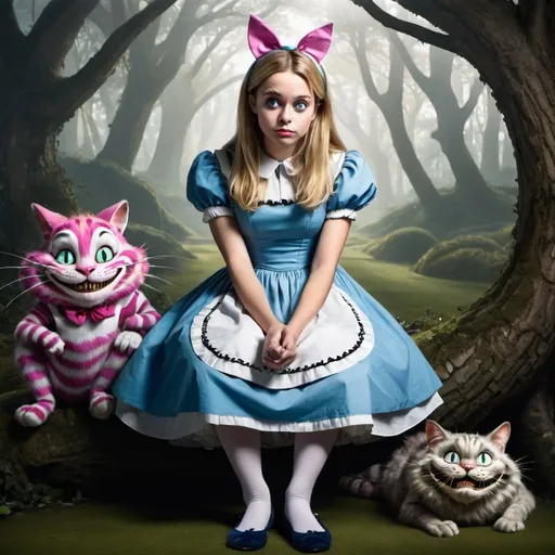 Prompt: Draw alice in wonderland looking confused with 1 cheshire cat at her feet. no background image