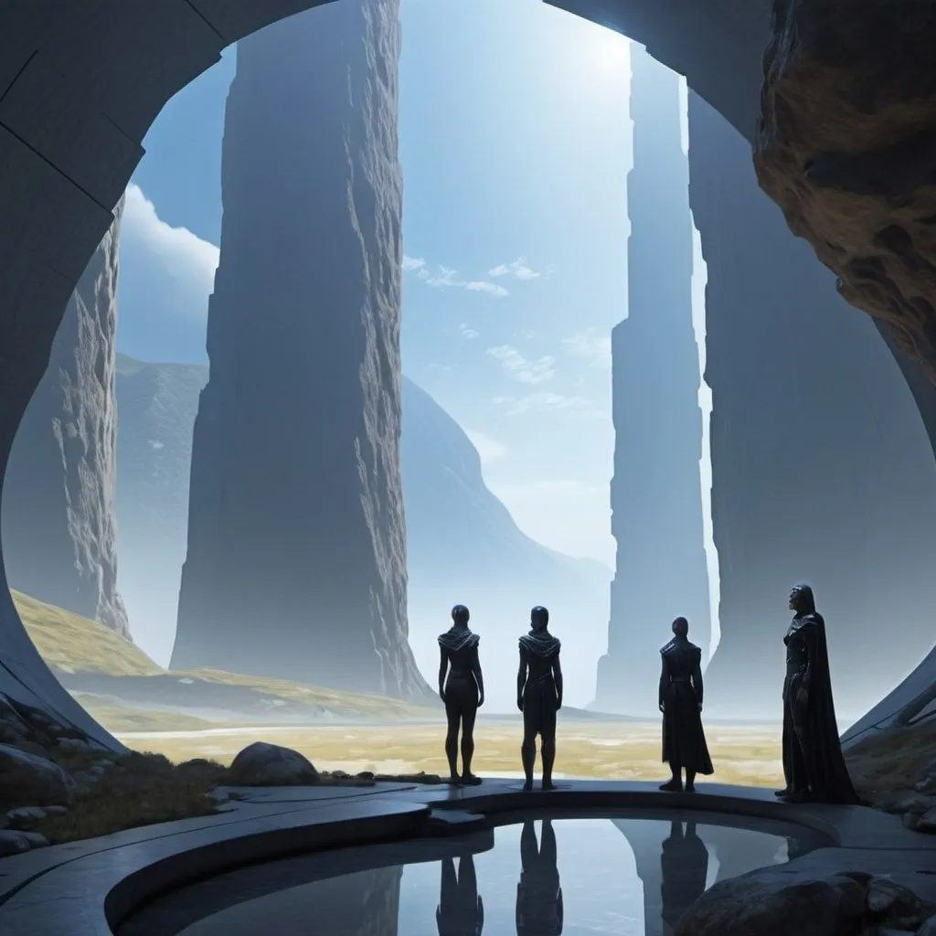 Prompt: even more futuristic friendly out of space delphi oracle landscape with at least 10 futuristic human persons 