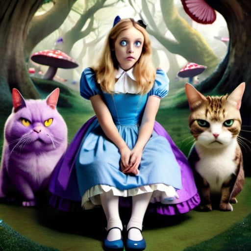 Prompt: Alice in Wonderland looking confused  with one purple fat cat at her feet. 