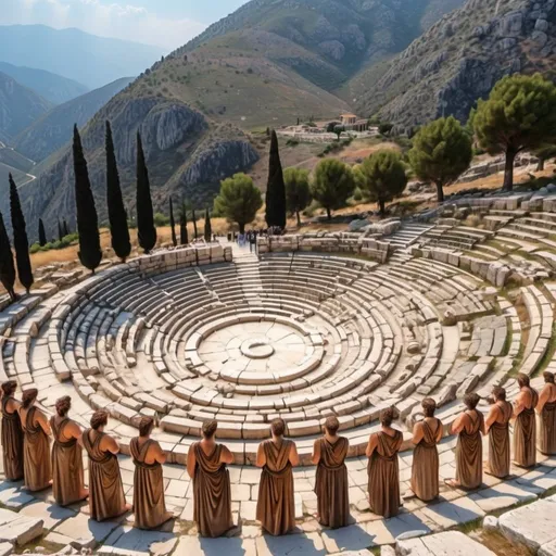 Prompt: delphi oracle landscape with 60 ancient greek human persons 