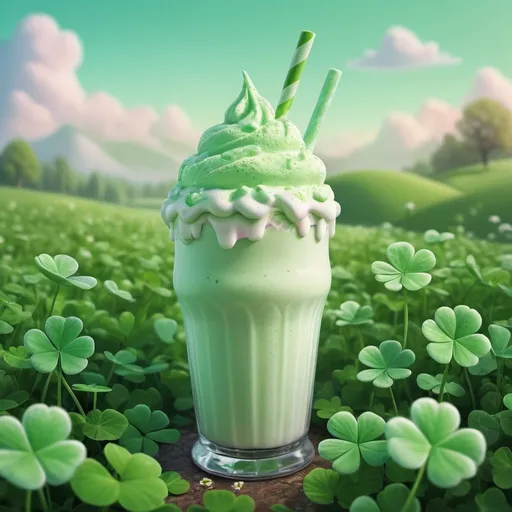 Prompt: Large milkshakes in a bed of 4-leaf clovers, "landscape image", digital illustration, whimsical, vibrant pastel green milkshake, high quality, detailed creamy texture, playful, dreamy lighting, cheerful, magical, fantasy, 4k, ultra-detailed, digital illustration, whimsical, pastel colors, dreamy lighting, detailed texture, magical, cheerful