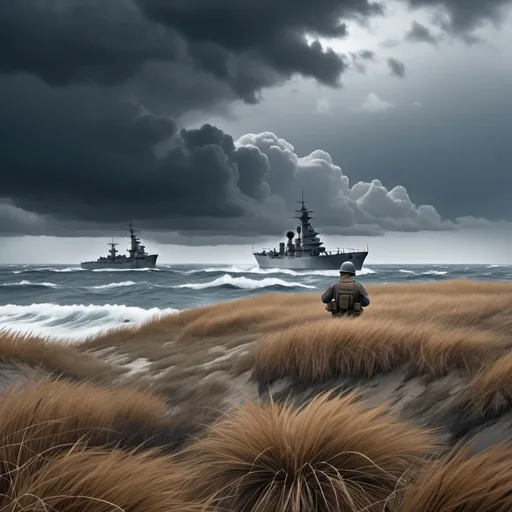 Prompt: Brown grassy island with blue and gray windy ocean. Gray cloudy and stormy sky. Soldier using radio. Battleship out to sea on the horizon.