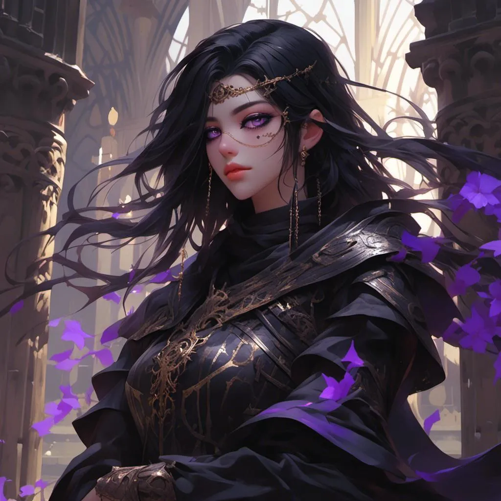 Prompt:  <mymodel> beautiful black hair female paladin with dark purple eyes. Kneeling at a temple