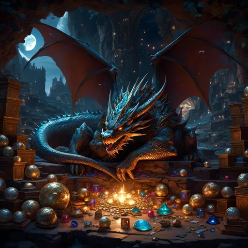 Prompt: <mymodel> miasmic dragon sleeping surrounded by its treasure hoard. Open cavern full moon above