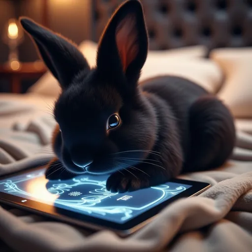 Prompt: (cute black bunny), soft plush texture, lying on a tablet, cozy bed setting, warm ambient lighting, comfortable blankets, serene atmosphere, focus on bunny's adorable features, highly detailed, textured surface, ultra-detailed, 4K resolution, inviting and tranquil mood, perfect for a relaxed environment.