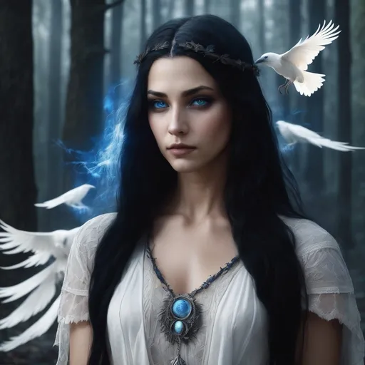 Prompt: Beautiful white raven witch with long black hair, young face, blue eyes, olive skin, high-quality, realistic, fantasy, detailed feathers, magical atmosphere, mystical lighting, enchanting, ethereal beauty