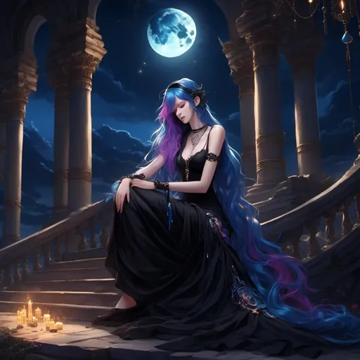 Prompt: <mymodel>Blindfolded girl with mixed colored hair, long silk black dress, sapphire gem details, crescent moon pendant, kneeling at a temple, high quality, detailed, mystical, elegant, long hair, dual-toned hair, moonlit, dark atmosphere, flowing fabric, serene, gemstone details, smooth textures, night sky, fantasy