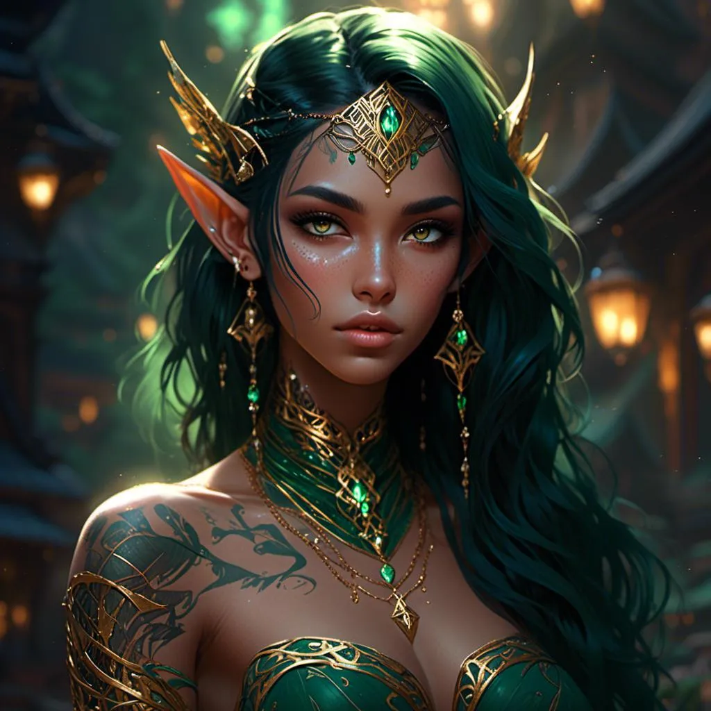 Prompt: <mymodel> beautiful light brown skin elf with long greenish black hair shaved on the side and golden eyes. full shoulder and body gold ink tattoo.